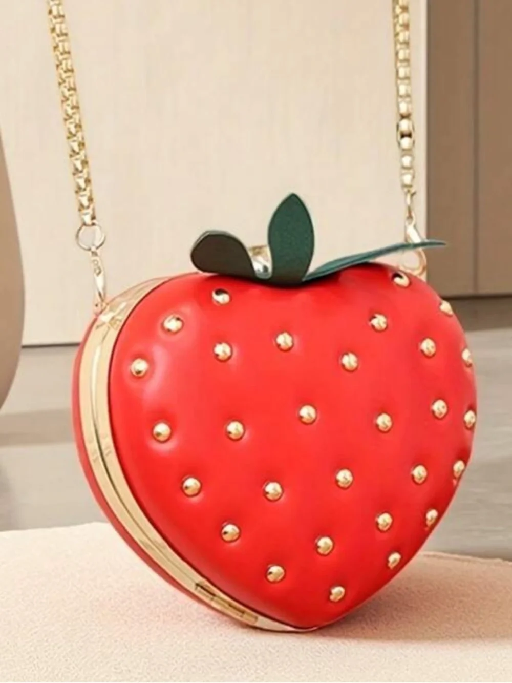 Red Strawberry Crossbody Bag with Gold Chain - Picture 2 of 2